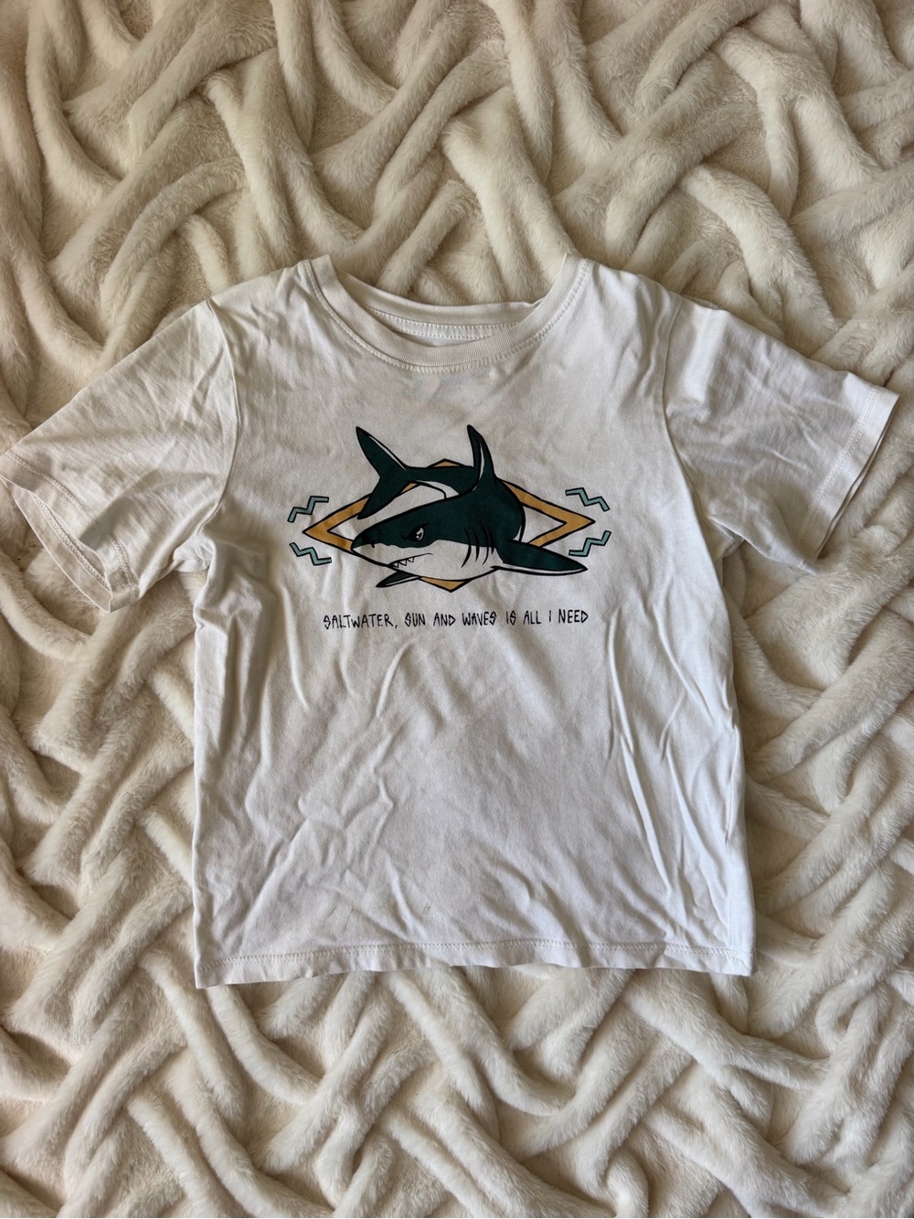 H&M White Tee with Teal & Yellow Shark Graphic